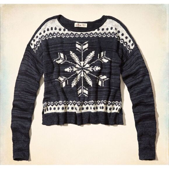Hollister Gray White Snowflake Fair Isle Cropped Sweater Oversized XS/S Boxy Y2K - Picture 1 of 10